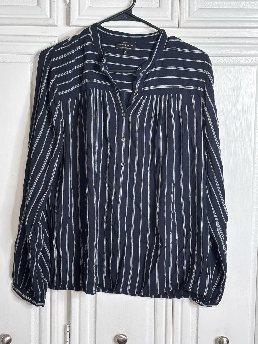 Lucky Brand Navy and White Striped Button-Front Blouse M